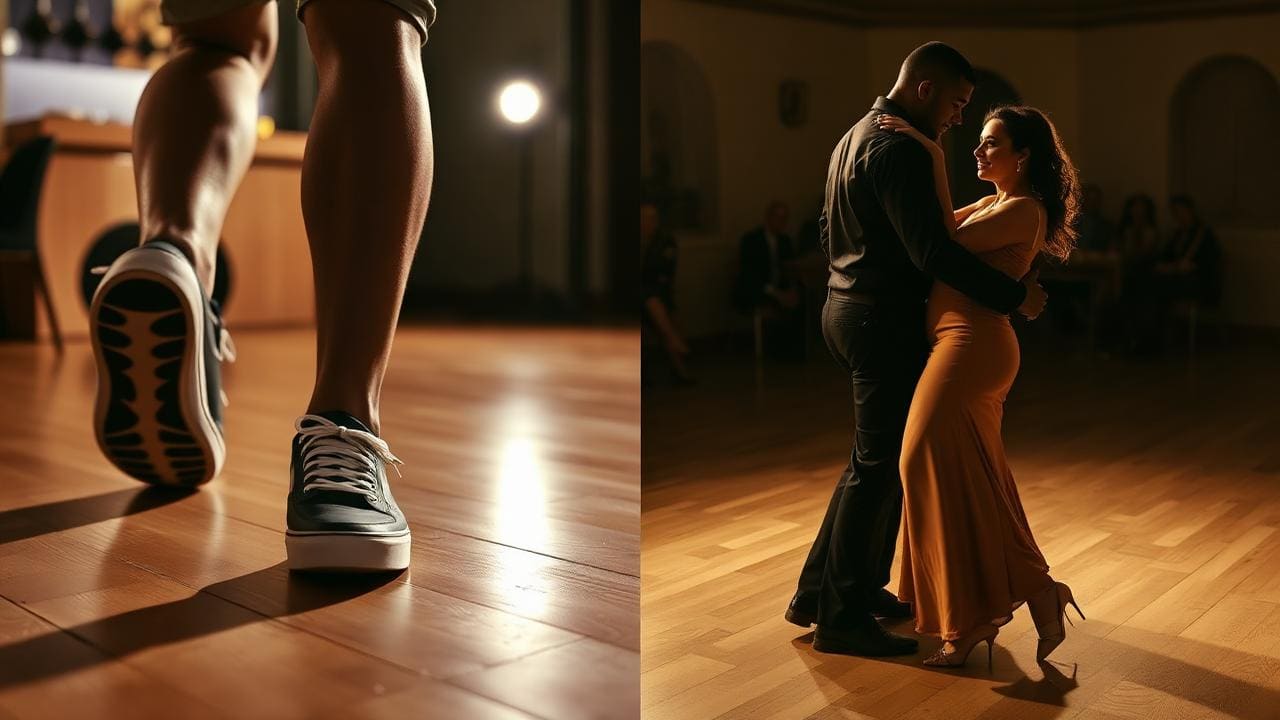 Split image of Dominican bachata footwork and a sensual bachata couple