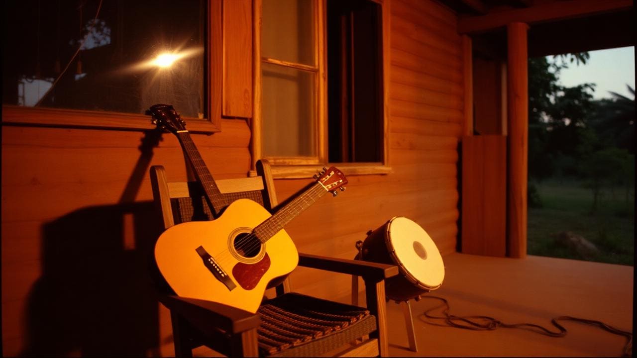 Old wooden guitar and drum on a Dominican porch at dusk