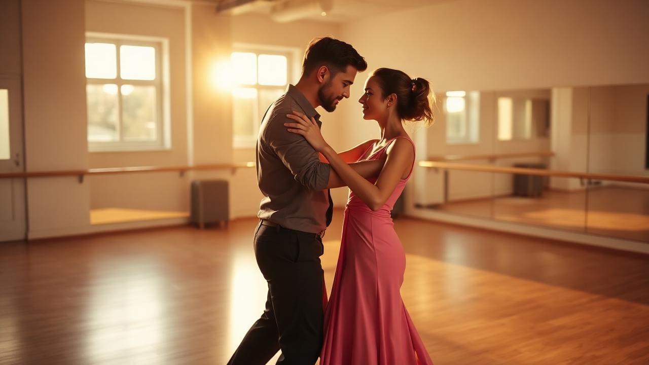 Beginner couple learning bachata basic step in a bright studio