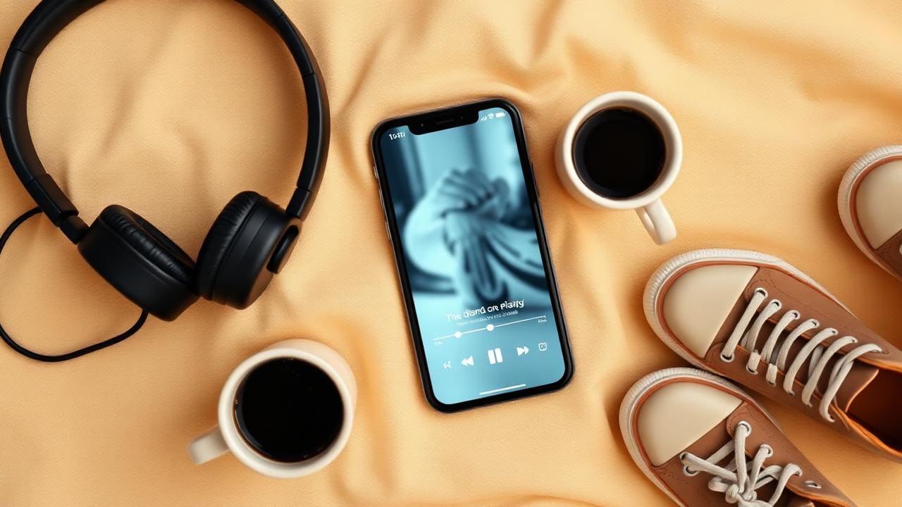 Flatlay of headphones, phone and dance shoes on cream linen