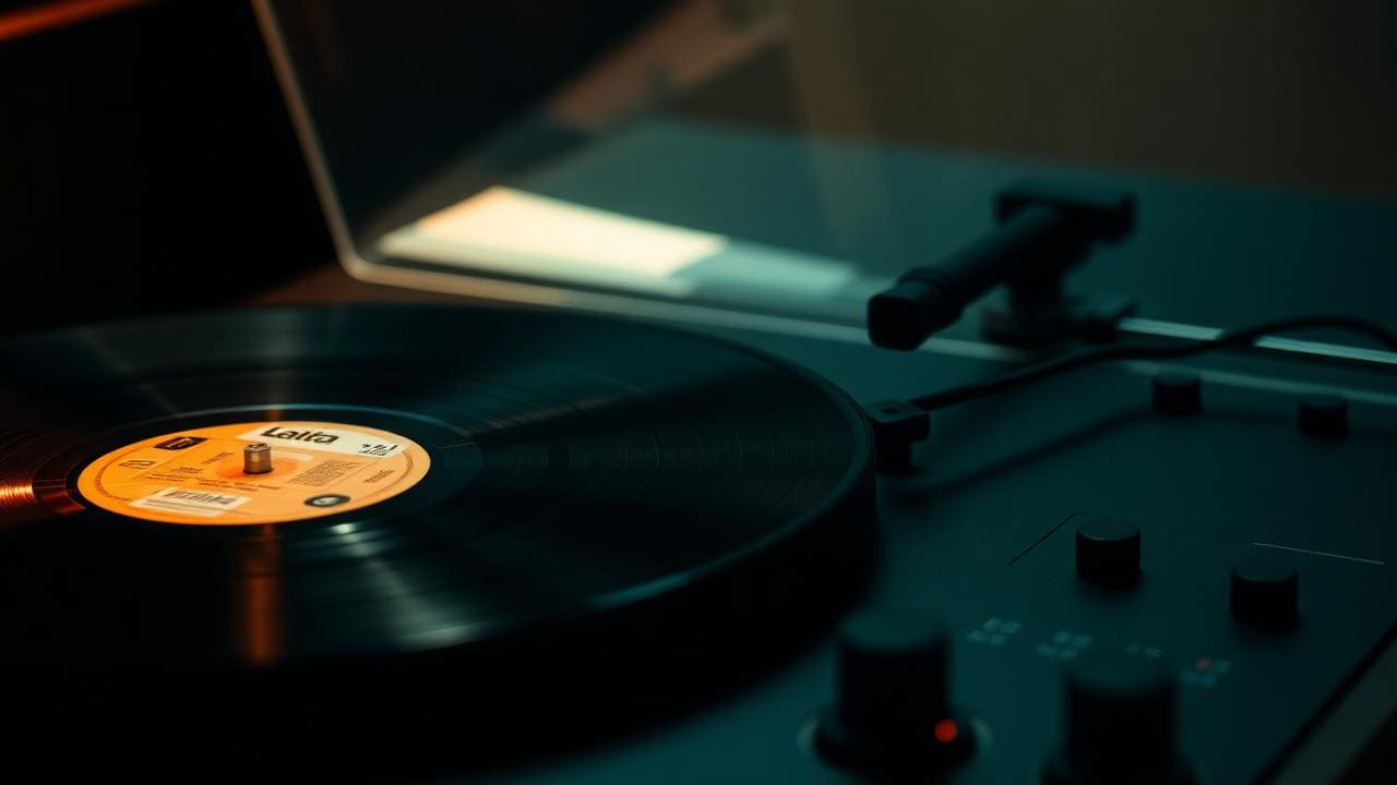 Vinyl record player spinning a Latin music record