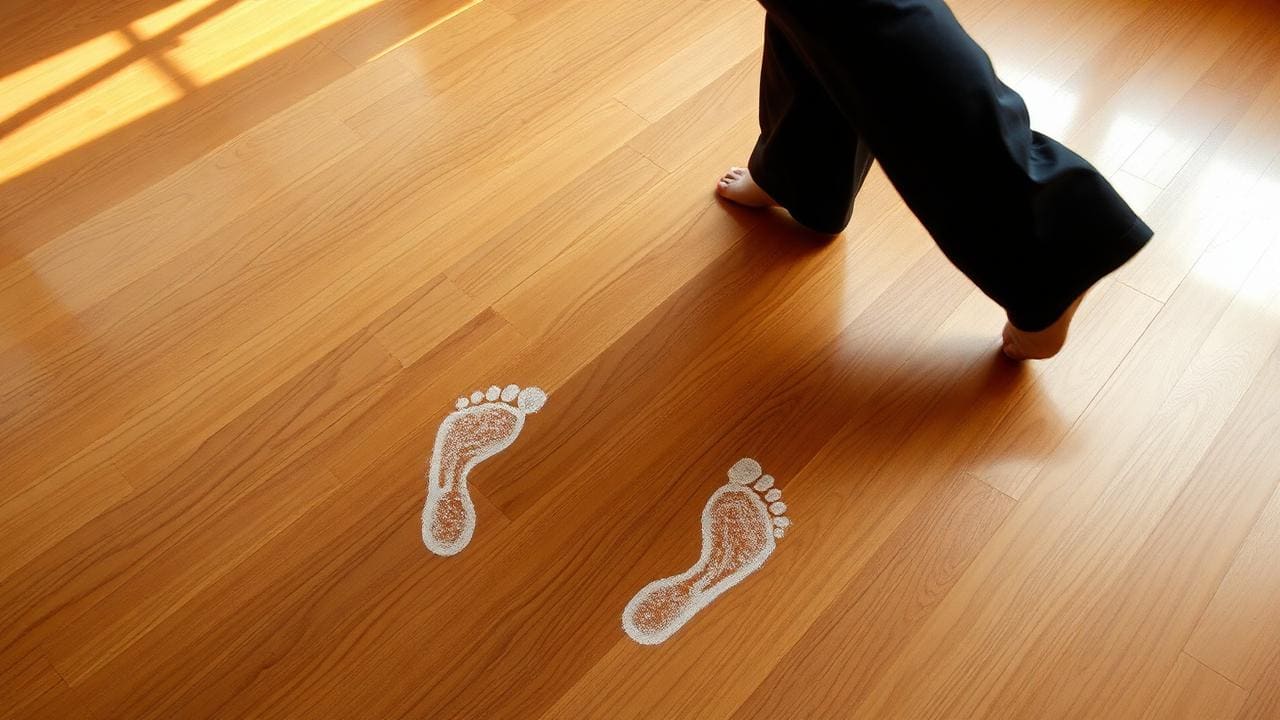 Overhead view of dancer's feet with basic step footprints on wood floor