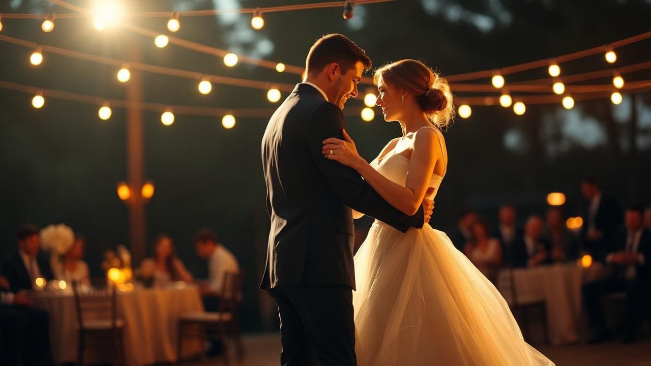 Bride and groom dancing under string lights at outdoor reception