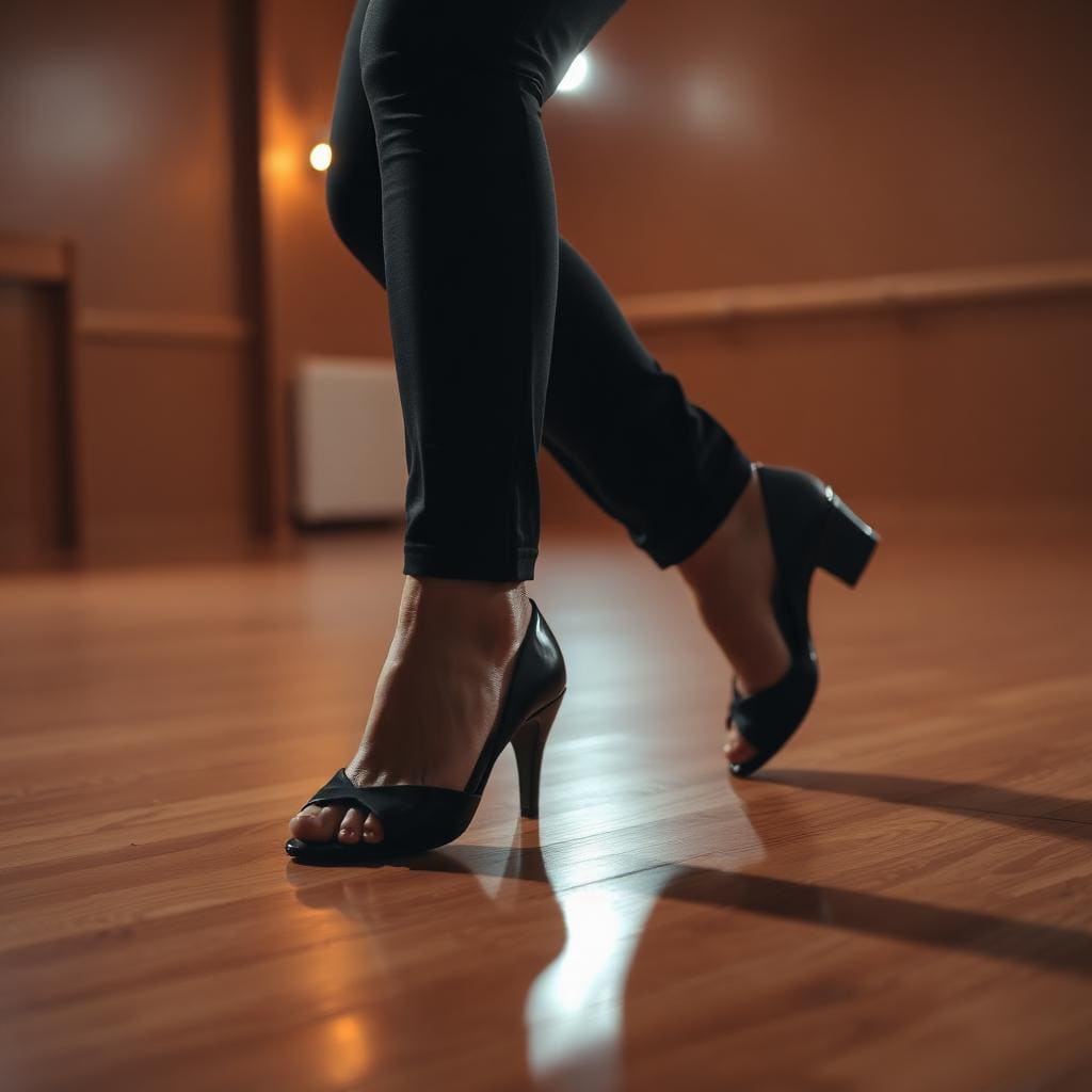 Close-up of dancers' feet doing the cumbia basic step