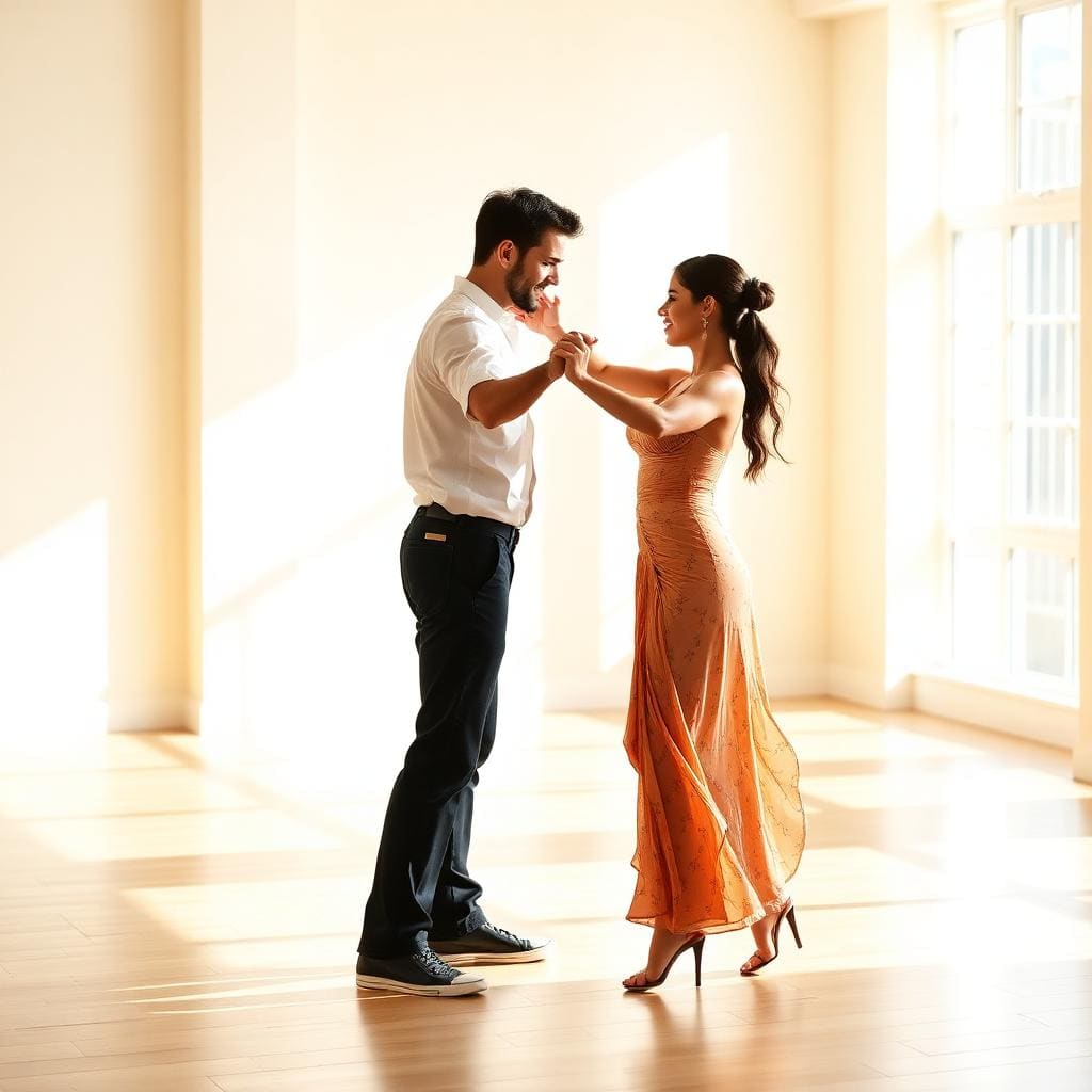 Beginner couple learning the cumbia basic step in a dance studio