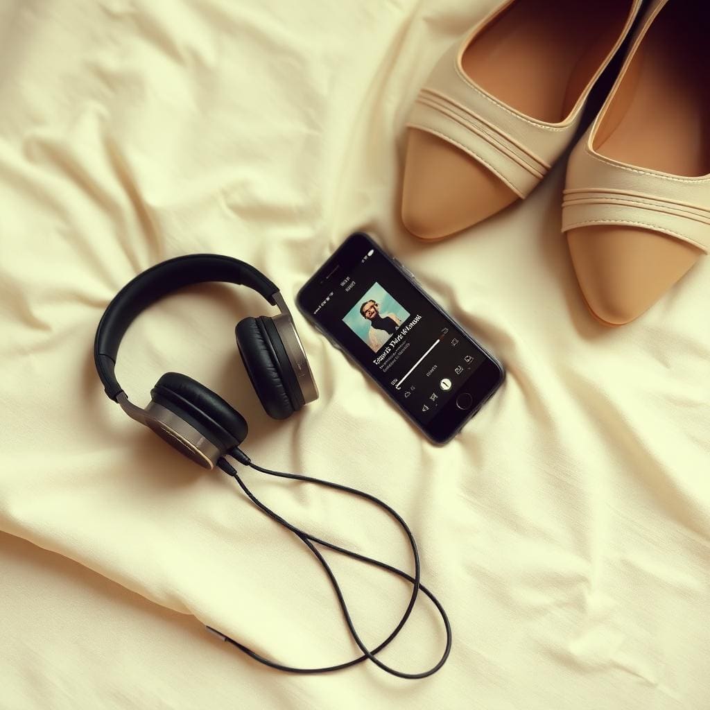 Headphones, phone and dance shoes on cream linen flatlay