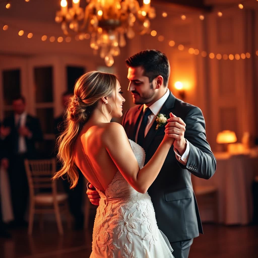 Couple sharing a first dance under warm reception lights