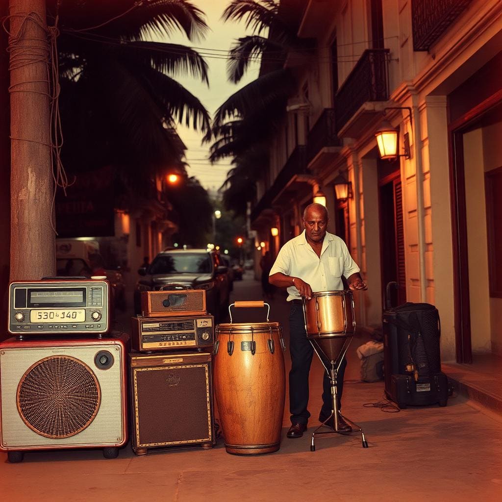Vintage radios and congas on a Cuban street at dusk