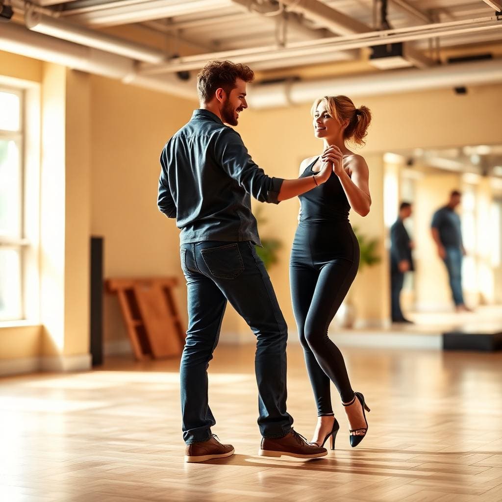 Beginner couple learning salsa basic step in a bright studio