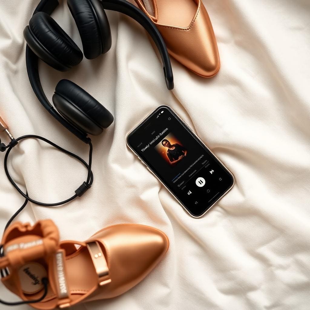 Flatlay of headphones, phone and salsa shoes on cream linen