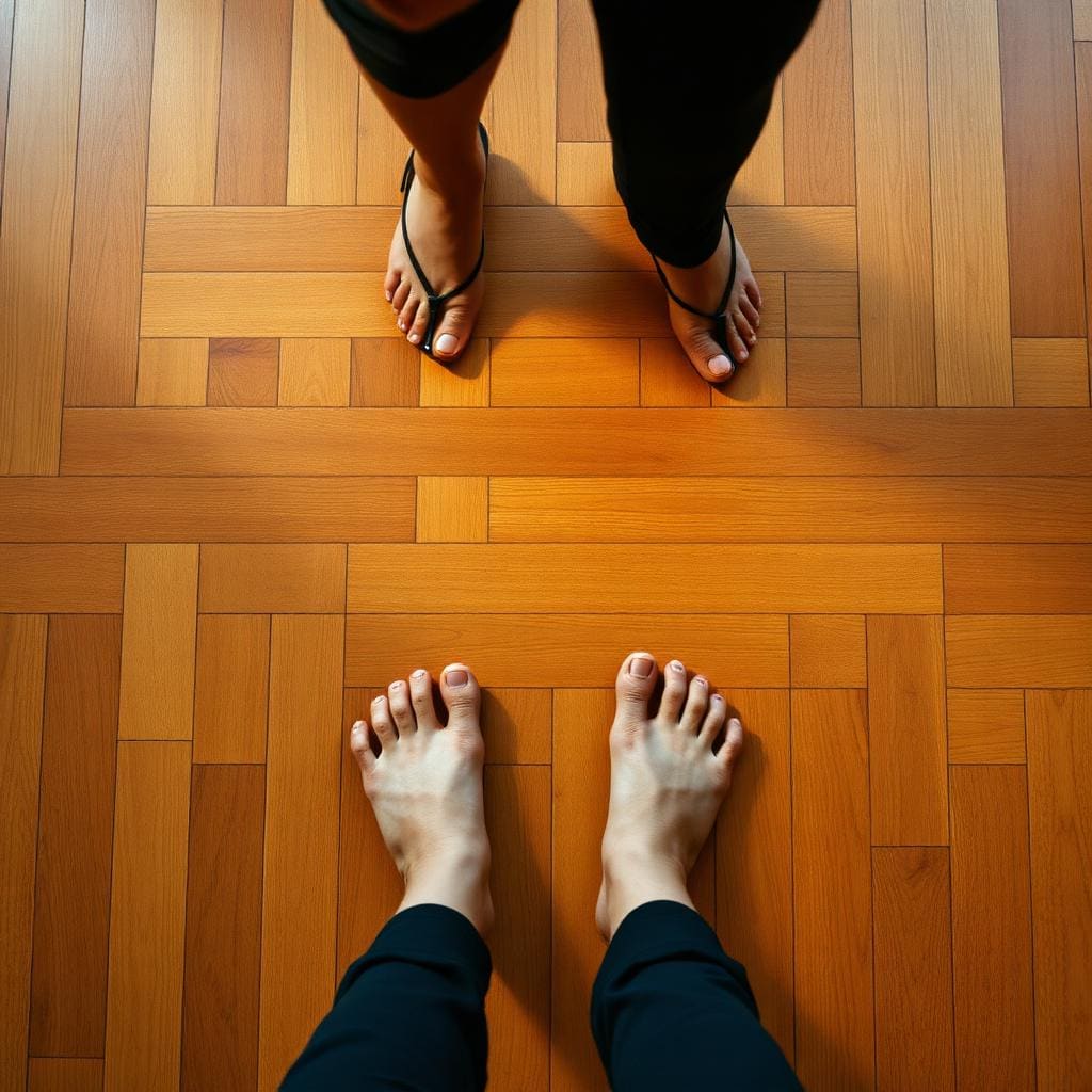 Overhead view of dancer's feet showing salsa basic step on wood floor