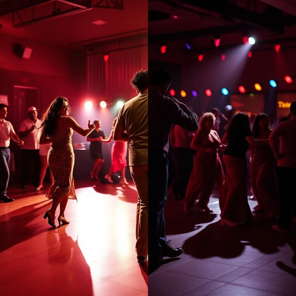 Salsa dancers in LA linear style contrasted with a Cuban casino rueda circle