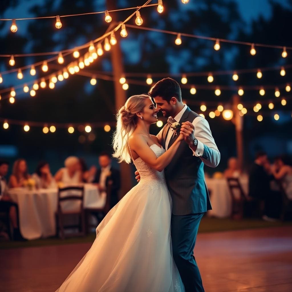 Bride and groom dancing salsa under string lights at outdoor reception
